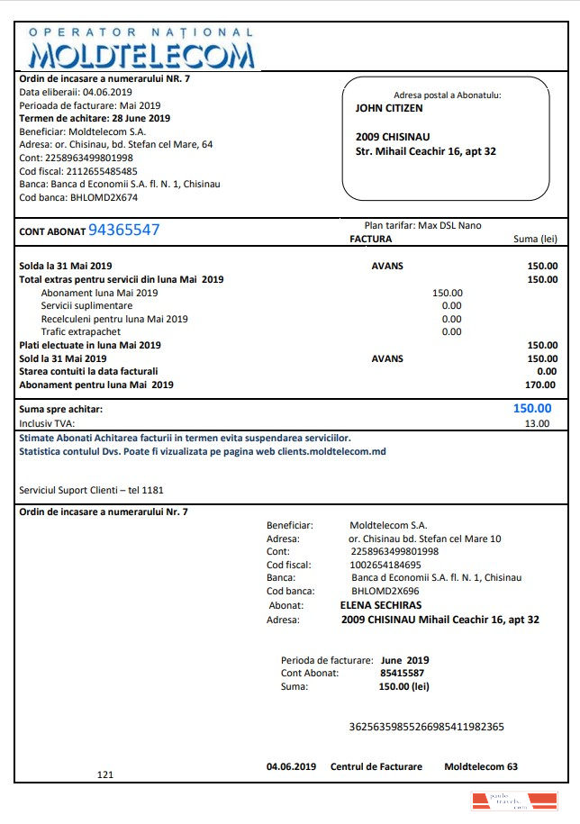 Moldova Moldtelecom utility bill template in Word and PDF format, fully editable
